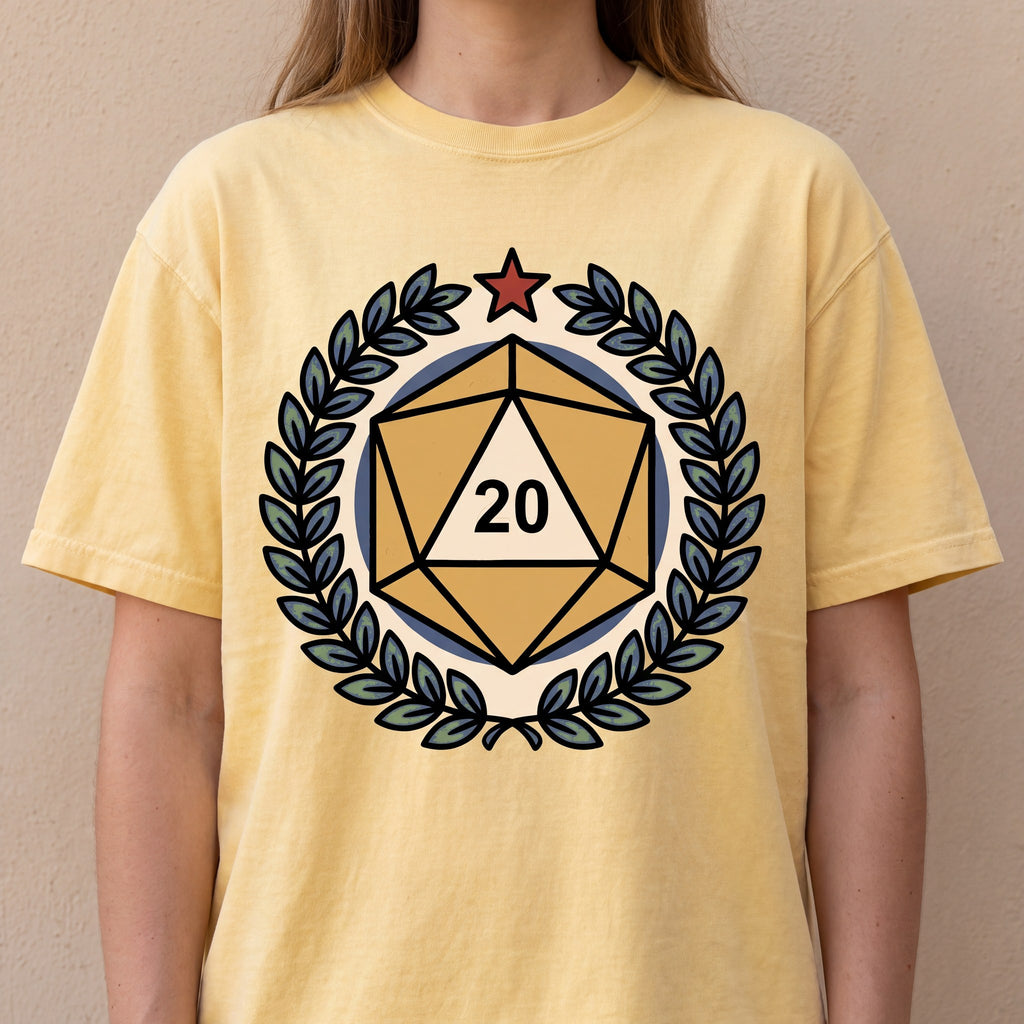D20 Crest Tee, Tabletop RPG Shirt, Dice Laurel Tee, Comfort Colors® Roleplaying Shirt, Gamer Gift, Game Night Shirt