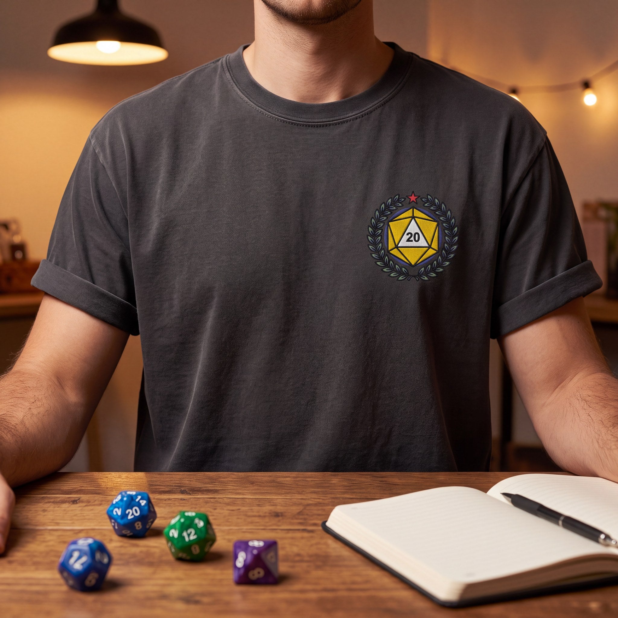 Embroidered D20 Crest Tee, Tabletop RPG Gift, Stitched Dice Shirt, Comfort Colors® Roleplaying Tee, Gift For Game Night, Nerdy Gift For Him