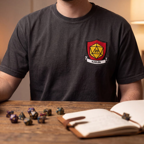 Custom Embroidered Character Crest Tee, Personalized Tabletop RPG Gift, Character Name Stitched, Comfort Colors® D20 Shirt