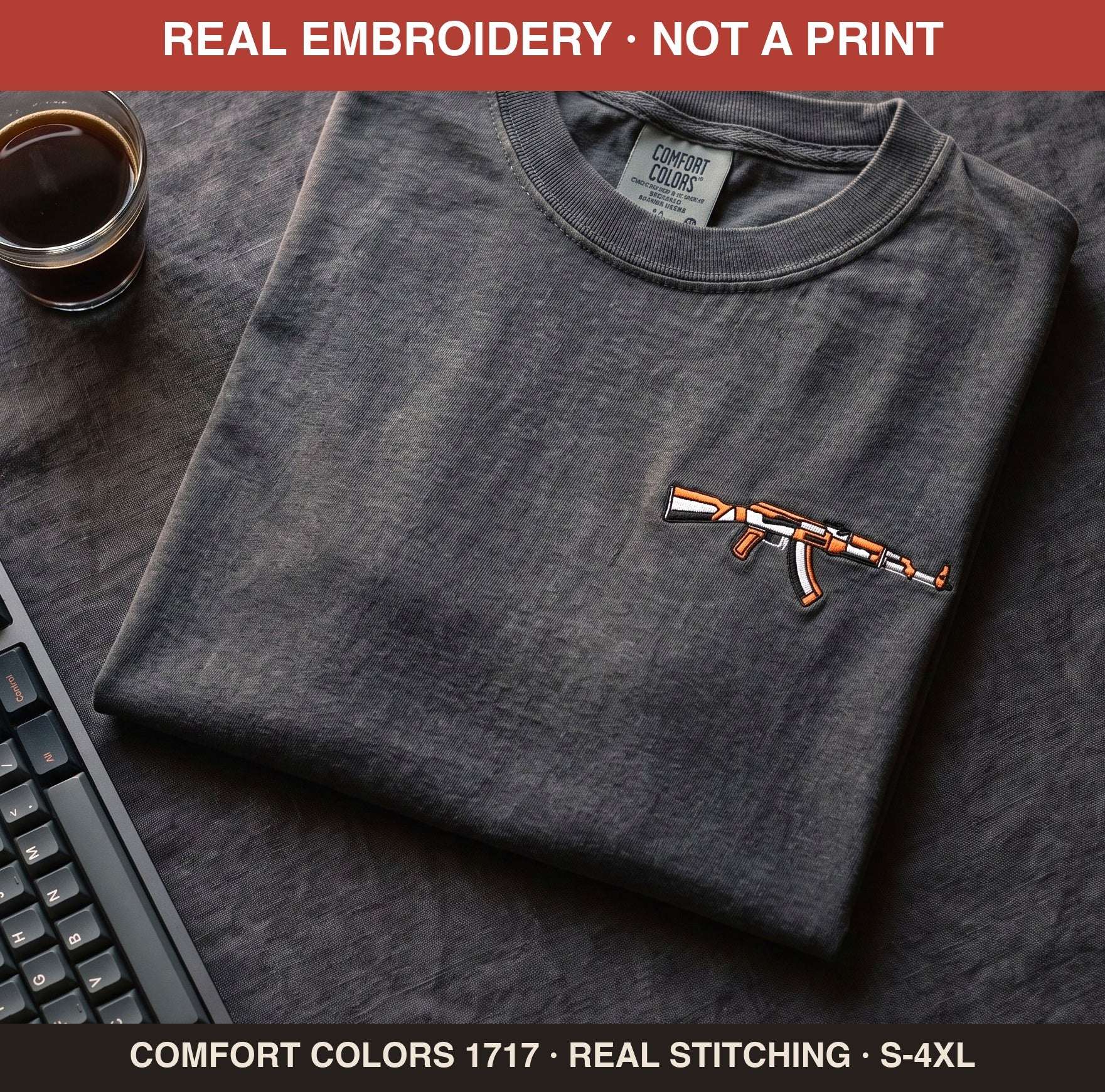 Embroidered Gamer Rifle Shirt, Retro FPS Skin Comfort Colors® Tee, Stitched Gaming Shirt, Counter Gamer Gift, Orange Rifle Embroidery Tee