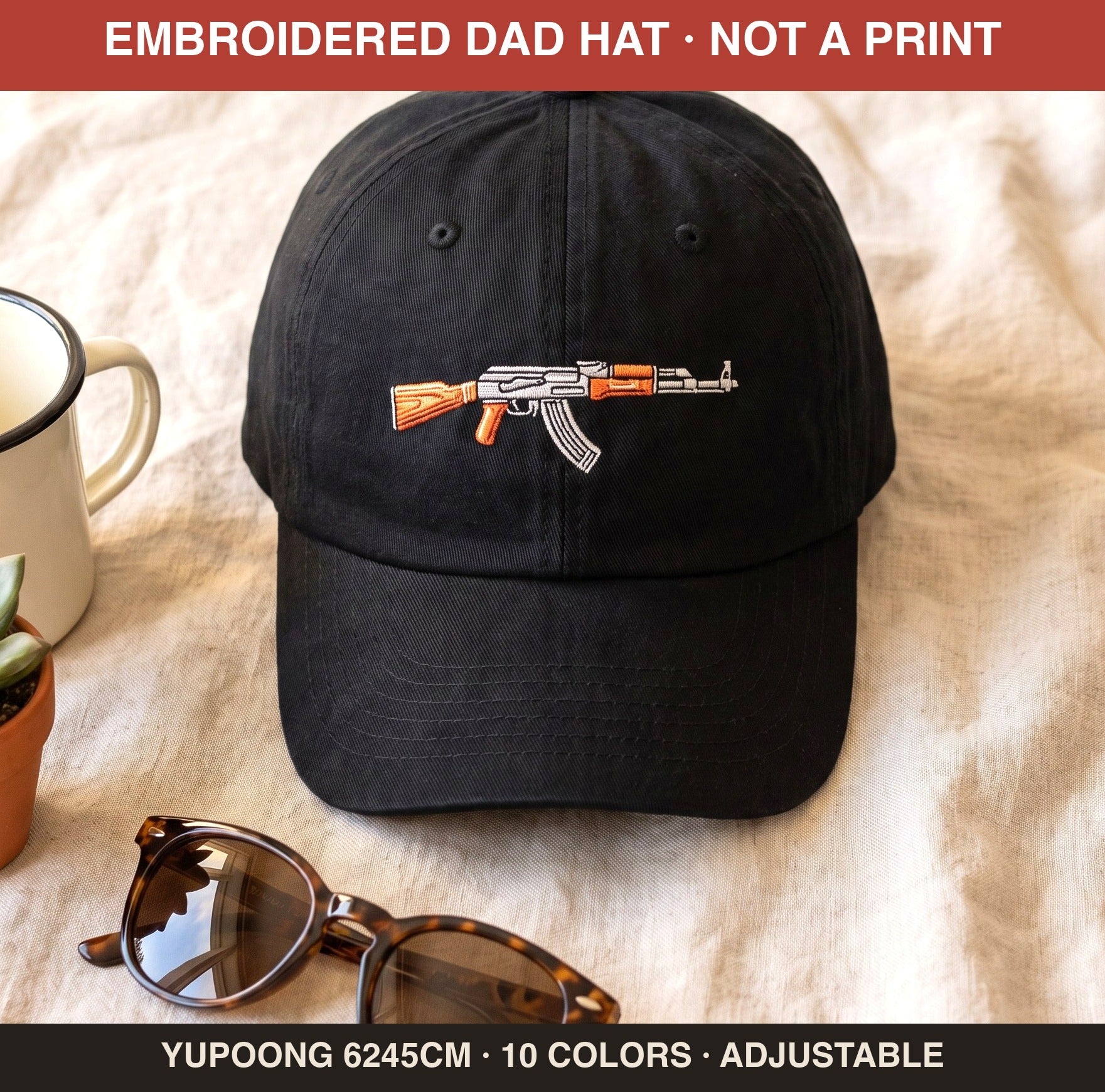 Embroidered Gamer Rifle Dad Hat, Retro FPS Skin Baseball Cap, Stitched Gaming Hat, Counter Gamer Gift Cap, Orange Rifle Embroidery Hat