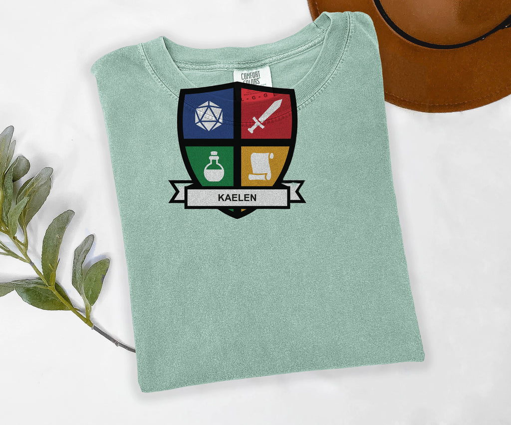 Custom Character Shield Tee, Personalized Tabletop RPG Shirt, Your Character Name, Comfort Colors D20 Tee, Roleplaying Gift