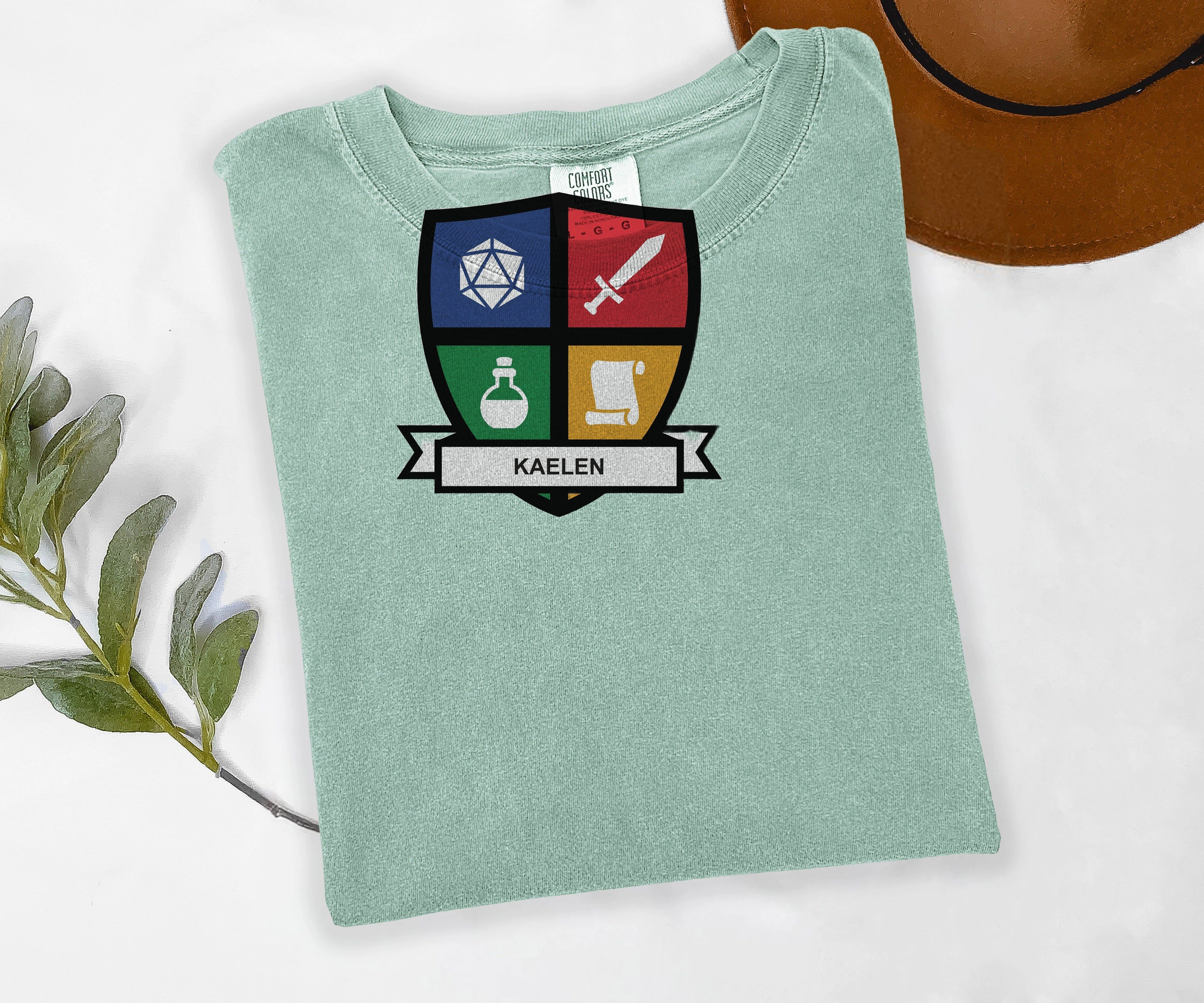 Custom Character Shield Tee, Personalized Tabletop RPG Shirt, Your Character Name, Comfort Colors D20 Tee, Roleplaying Gift