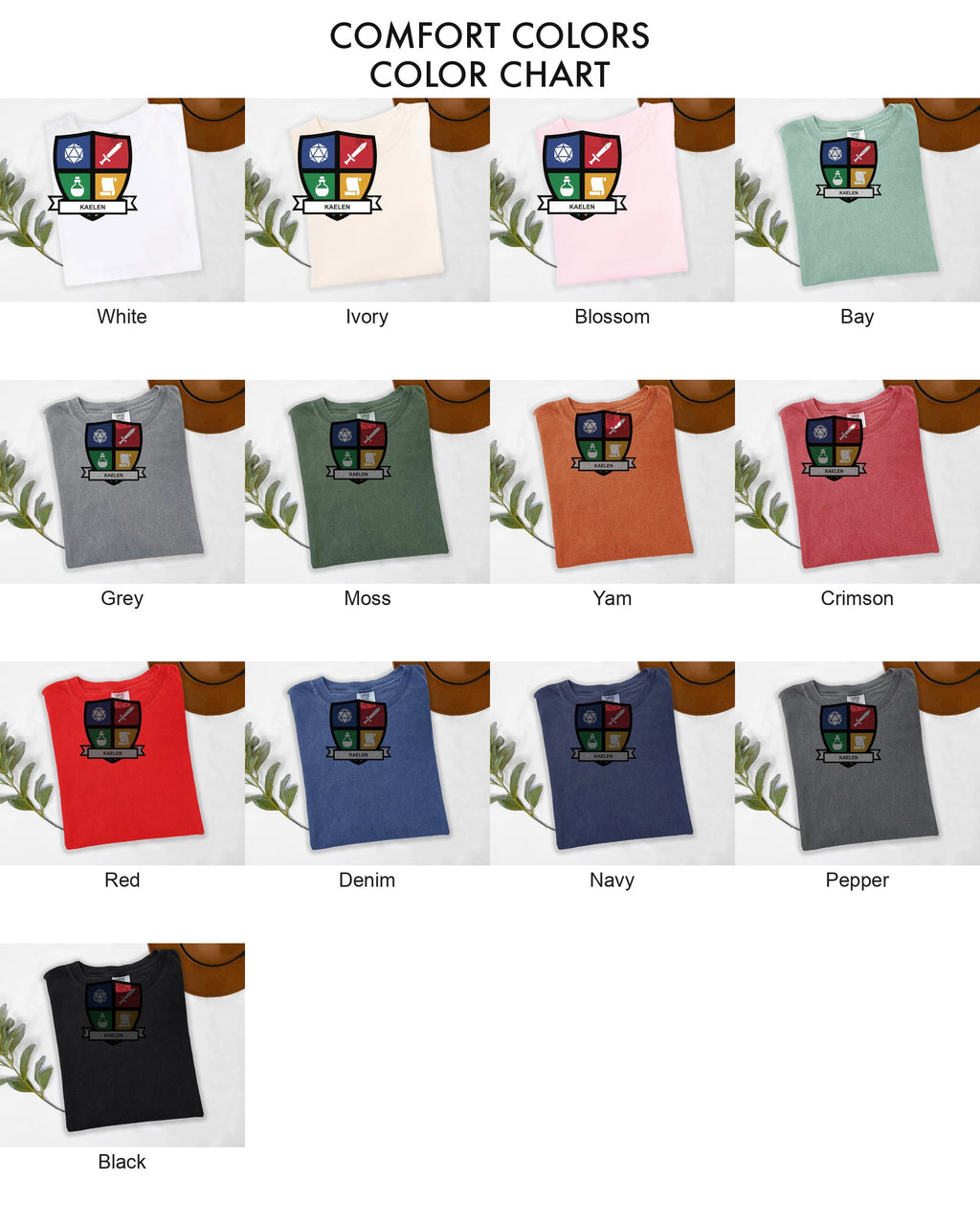 Custom Character Shield Tee, Personalized Tabletop RPG Shirt, Your Character Name, Comfort Colors D20 Tee, Roleplaying Gift