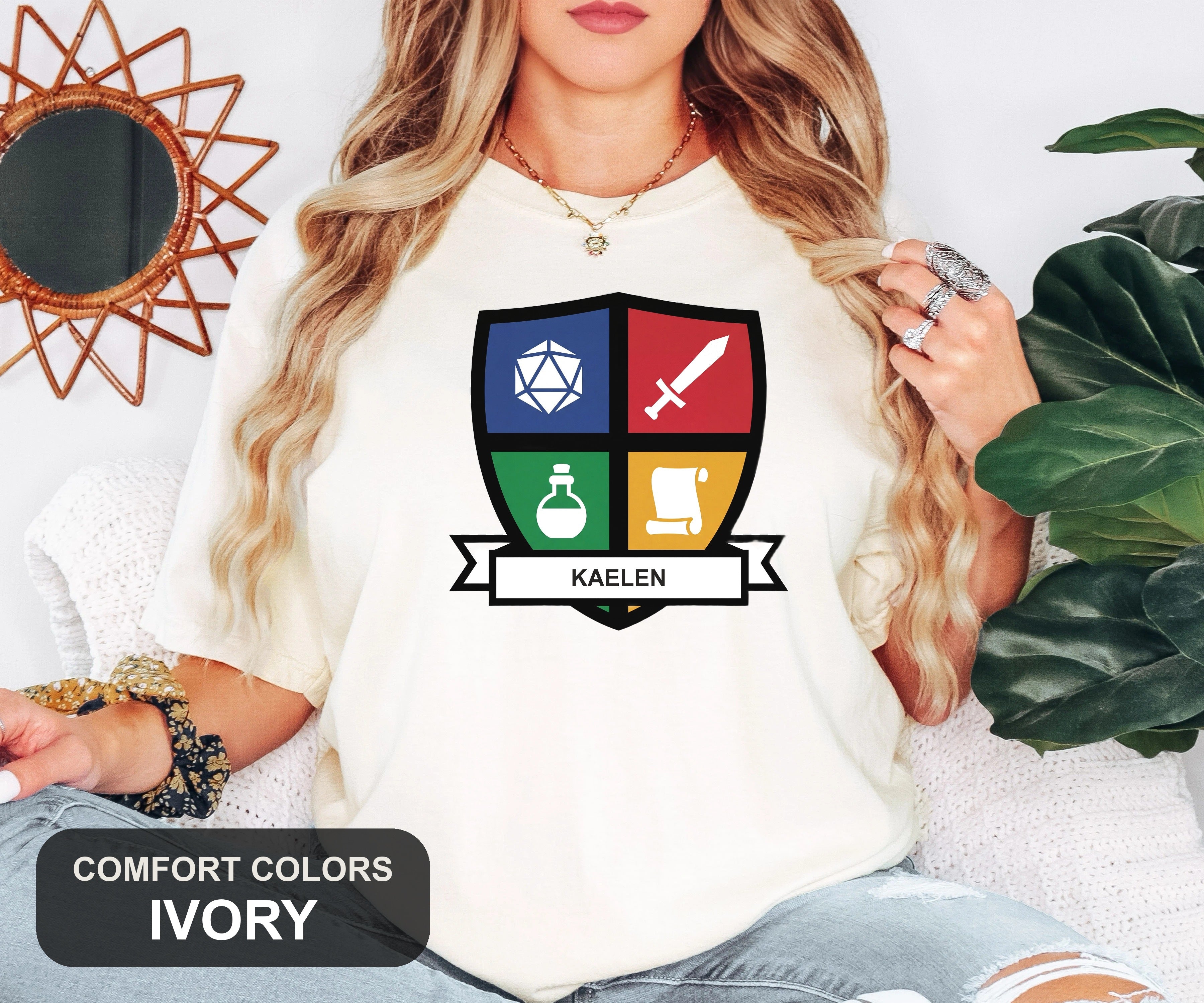 Custom Character Shield Tee, Personalized Tabletop RPG Shirt, Your Character Name, Comfort Colors D20 Tee, Roleplaying Gift