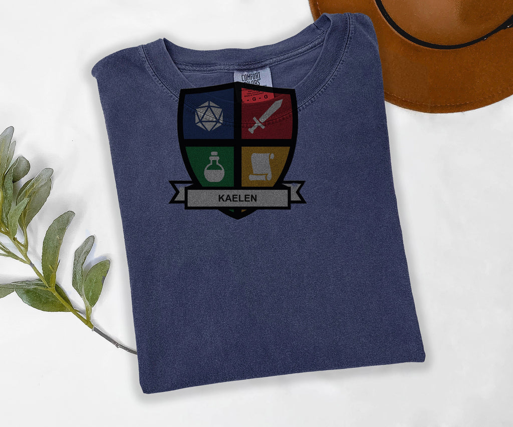 Custom Character Shield Tee, Personalized Tabletop RPG Shirt, Your Character Name, Comfort Colors D20 Tee, Roleplaying Gift
