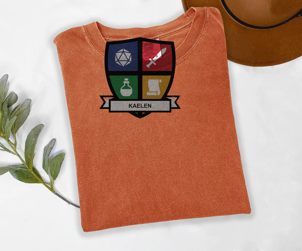 Custom Character Shield Tee, Personalized Tabletop RPG Shirt, Your Character Name, Comfort Colors D20 Tee, Roleplaying Gift