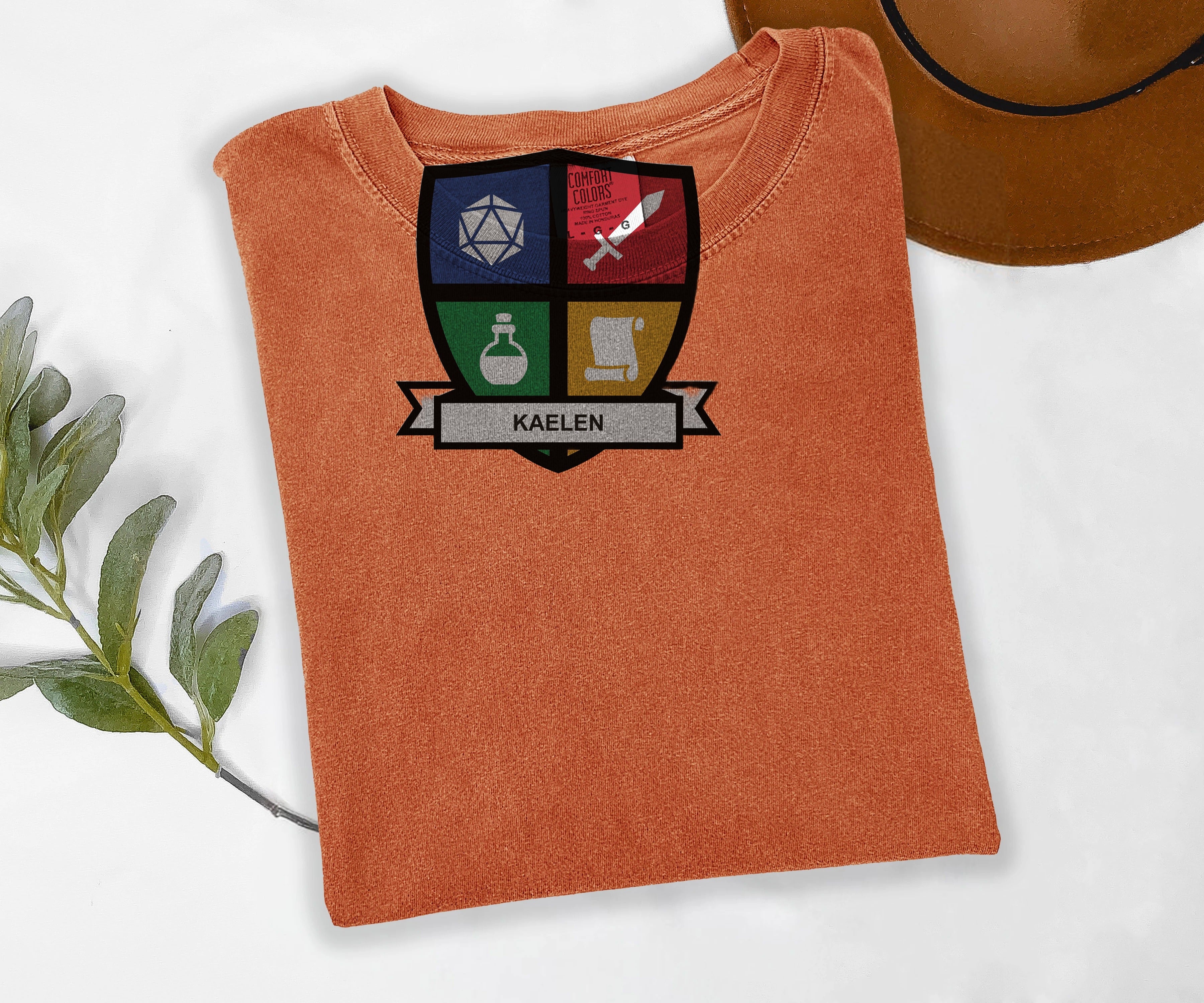 Custom Character Shield Tee, Personalized Tabletop RPG Shirt, Your Character Name, Comfort Colors D20 Tee, Roleplaying Gift