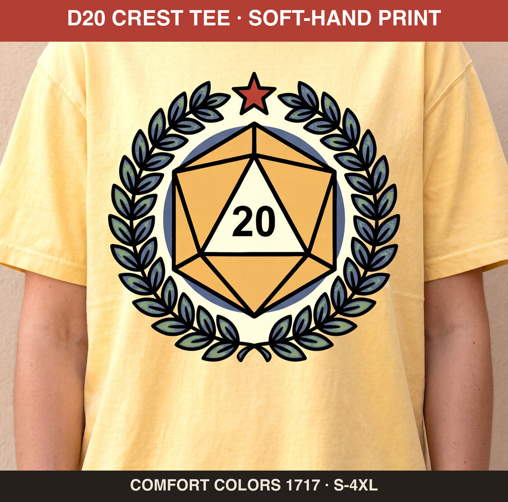 D20 Crest Tee, Tabletop RPG Shirt, Dice Laurel Tee, Comfort Colors® Roleplaying Shirt, Gamer Gift, Game Night Shirt