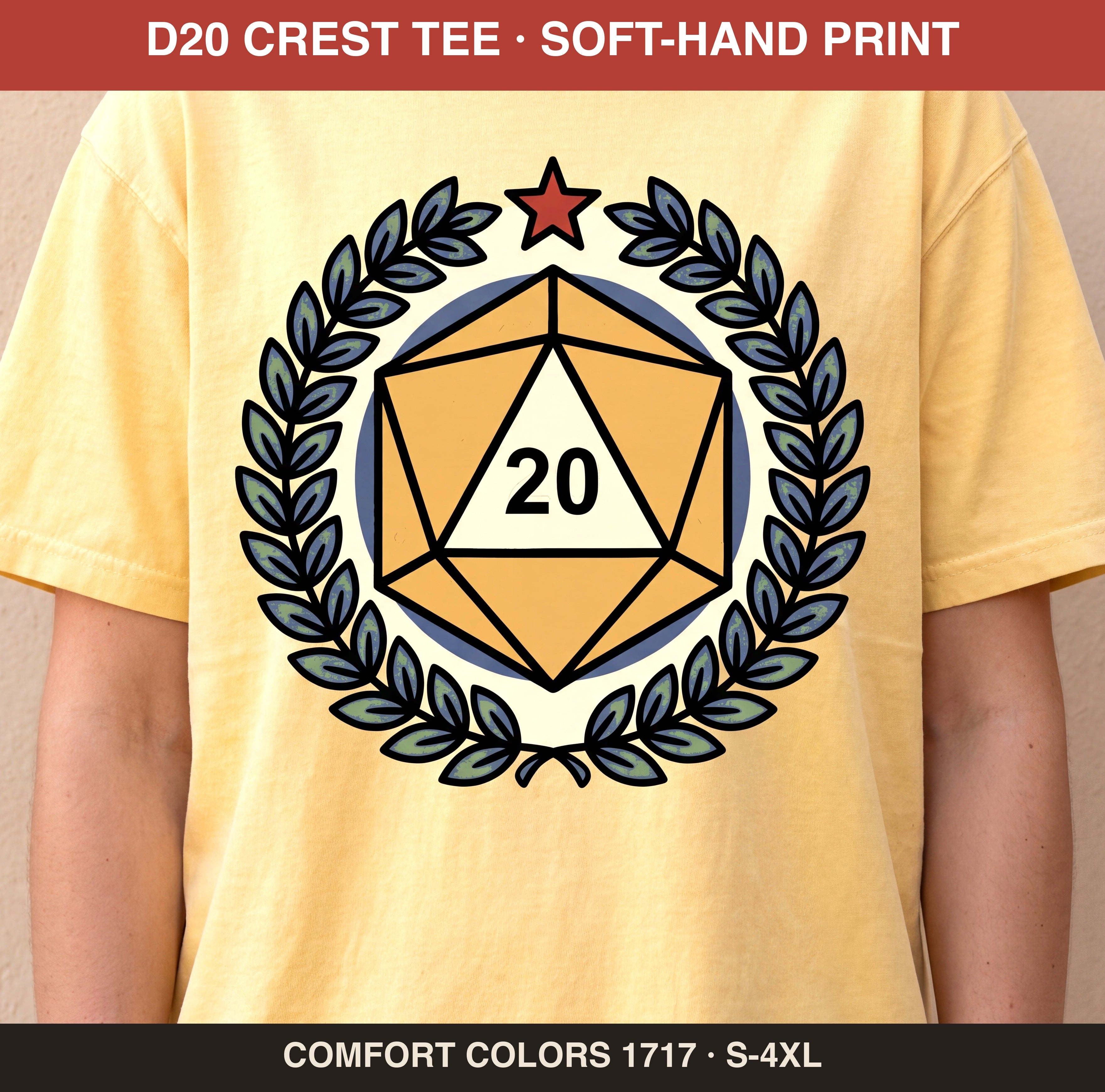 D20 Crest Tee, Tabletop RPG Shirt, Dice Laurel Tee, Comfort Colors® Roleplaying Shirt, Gamer Gift, Game Night Shirt