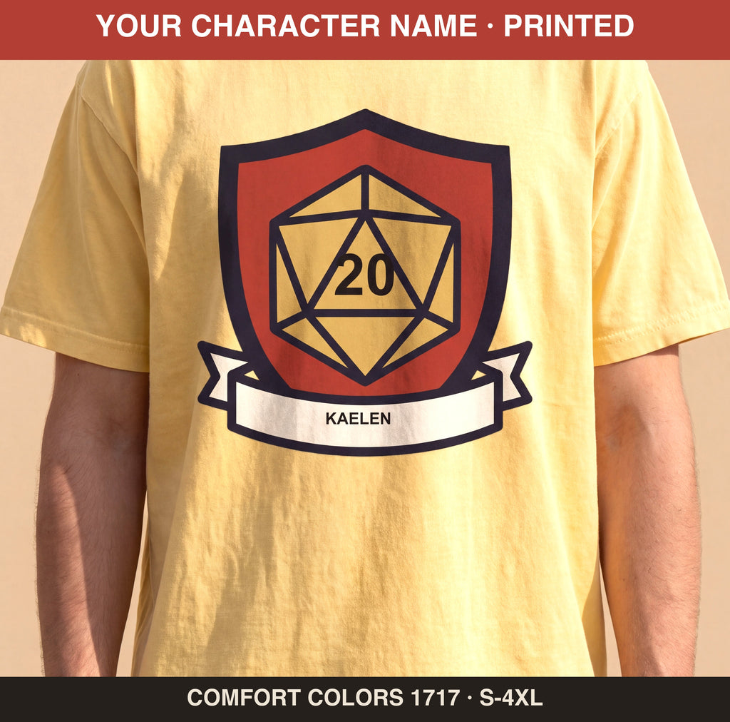 Custom Character Crest Tee, Personalized Tabletop RPG Shirt, Your Character Name, Comfort Colors® D20 Tee, Gamer Gift