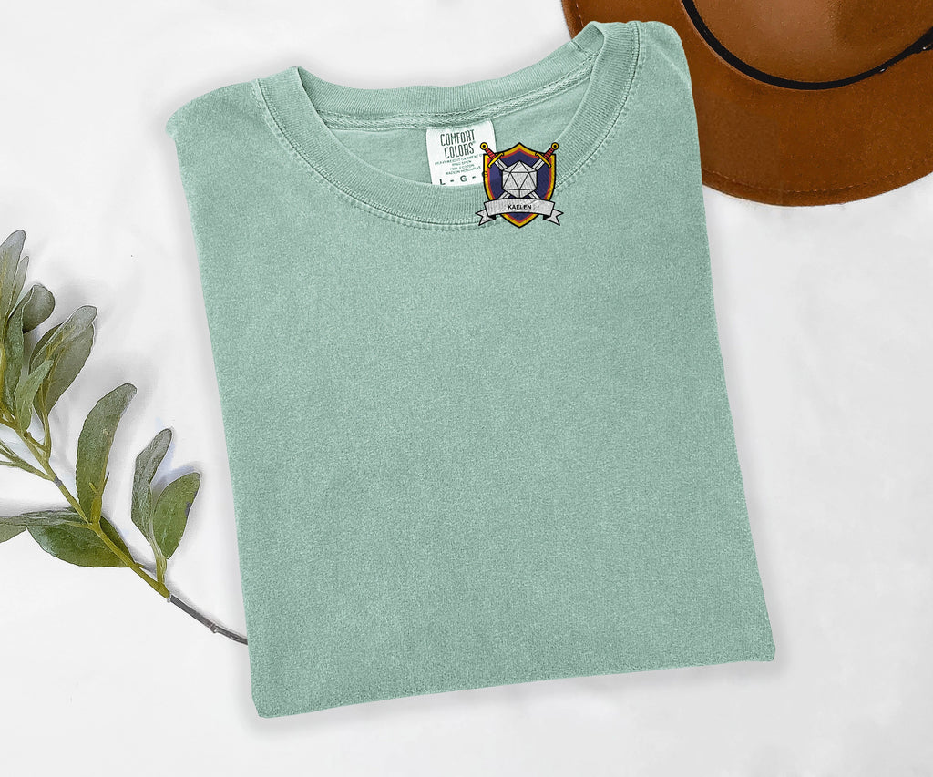 Custom Embroidered Initiative Crest Tee, Personalized Tabletop RPG Gift, Character Name Stitched, Comfort Colors D20 Shirt