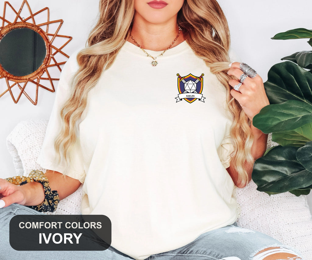 Custom Embroidered Initiative Crest Tee, Personalized Tabletop RPG Gift, Character Name Stitched, Comfort Colors D20 Shirt