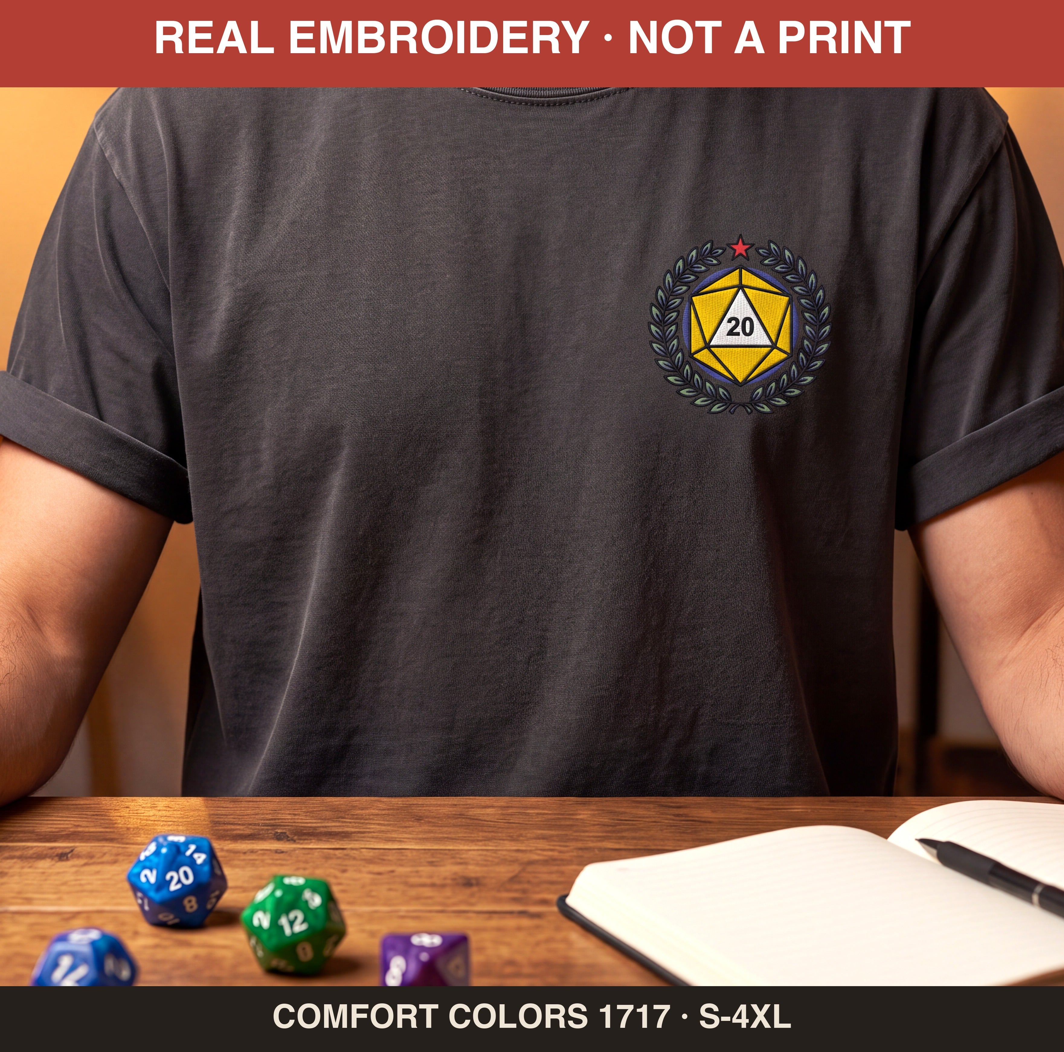 Embroidered D20 Crest Tee, Tabletop RPG Gift, Stitched Dice Shirt, Comfort Colors® Roleplaying Tee, Gift For Game Night, Nerdy Gift For Him