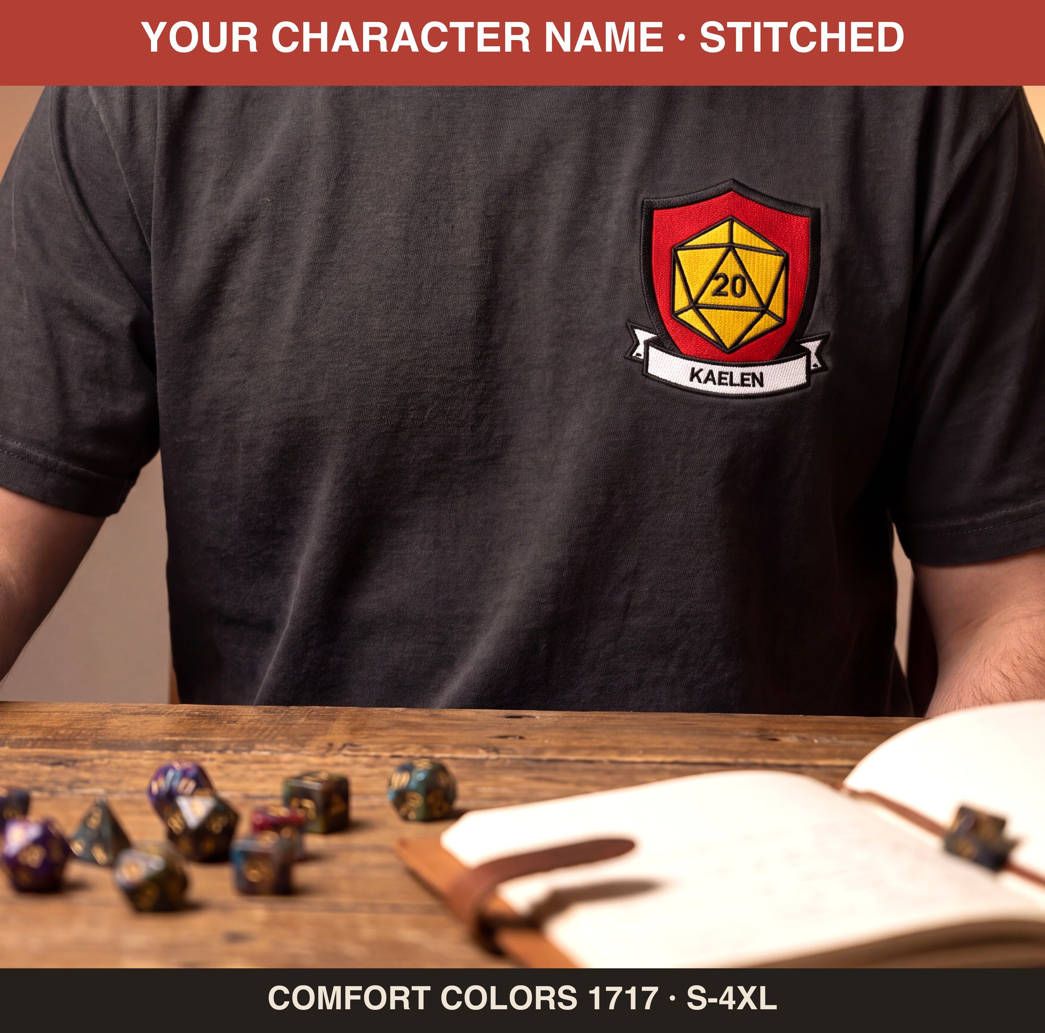Custom Embroidered Character Crest Tee, Personalized Tabletop RPG Gift, Character Name Stitched, Comfort Colors® D20 Shirt