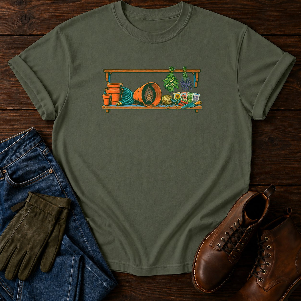 Bat In The Potting Shed T-Shirt — Moss