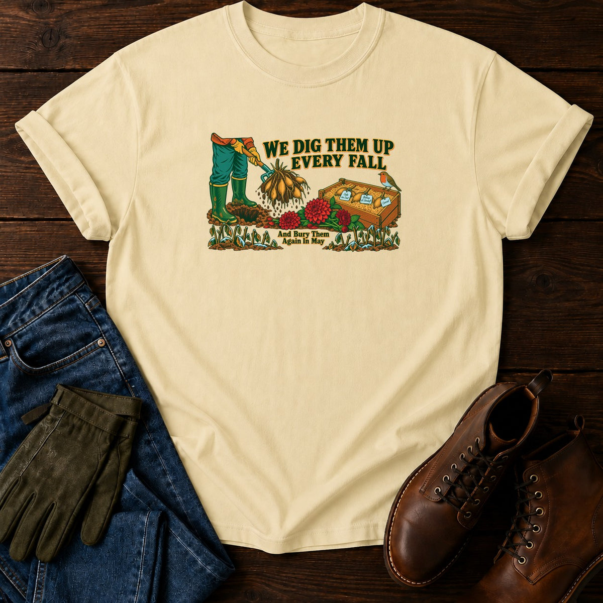 We Dig Them Up Every Fall Dahlia T-Shirt — Butter
