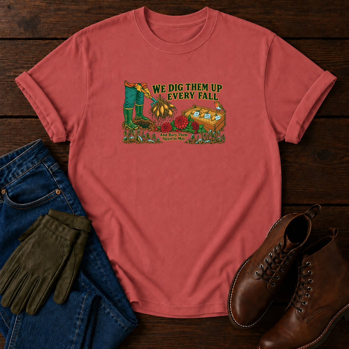 We Dig Them Up Every Fall Dahlia T-Shirt — Crimson
