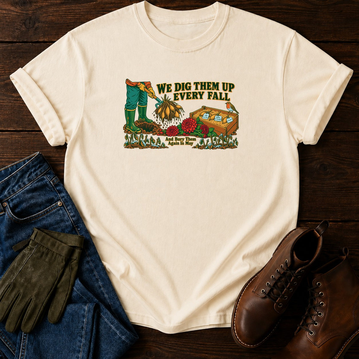 We Dig Them Up Every Fall Dahlia T-Shirt — Ivory