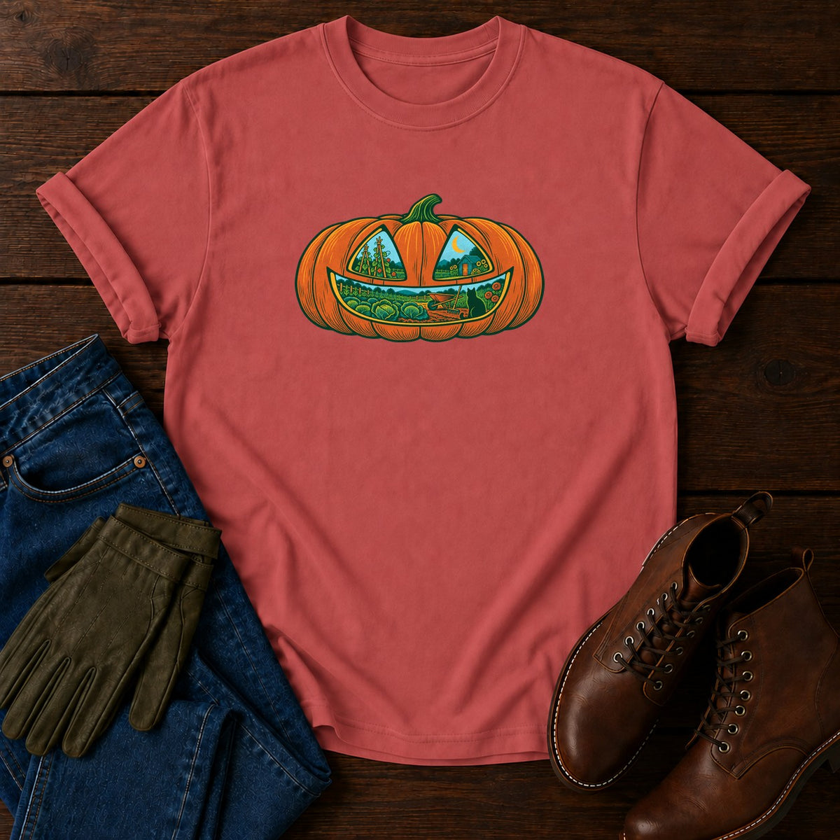 Jack-O'-Lantern Garden T-Shirt — Crimson