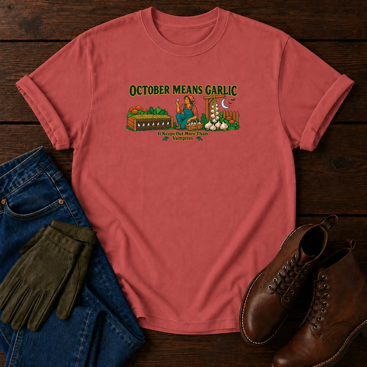 October Means Garlic T-Shirt — Crimson