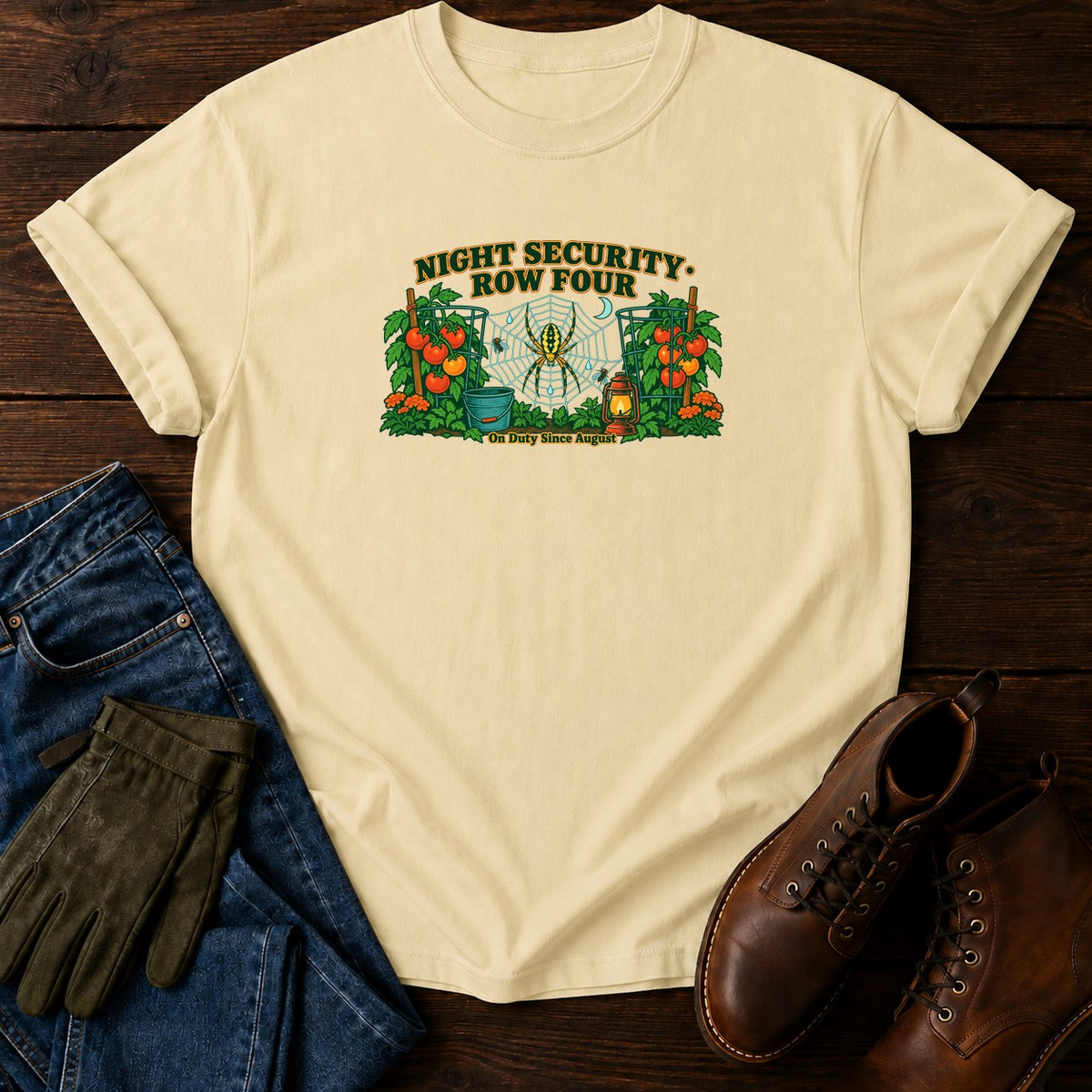 Night Security Row Four Garden Spider T-Shirt — Butter