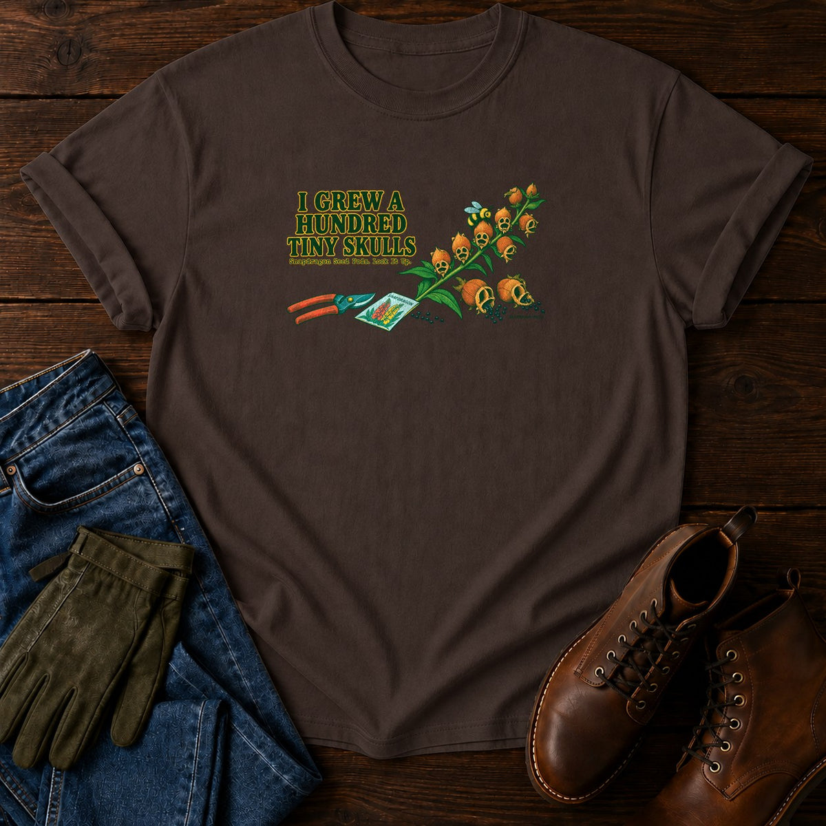 I Grew A Hundred Tiny Skulls Snapdragon T-Shirt — Espresso