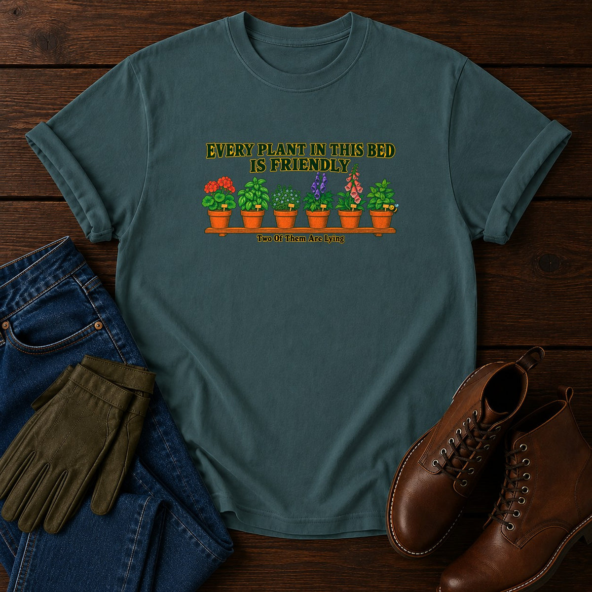 Every Plant In This Bed Is Friendly T-Shirt — Blue Spruce