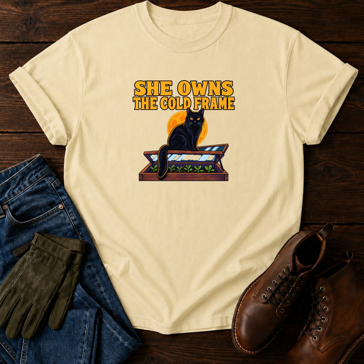 She Owns The Cold Frame Black Cat Halloween T-Shirt — Butter