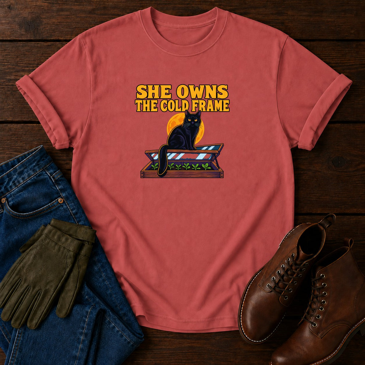 She Owns The Cold Frame Black Cat Halloween T-Shirt — Crimson