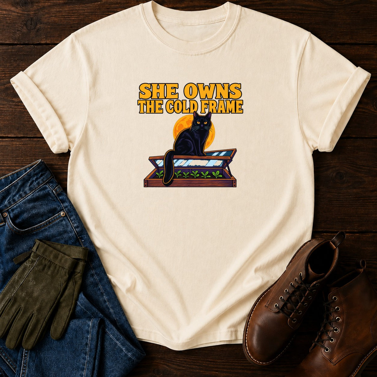 She Owns The Cold Frame Black Cat Halloween T-Shirt — Ivory