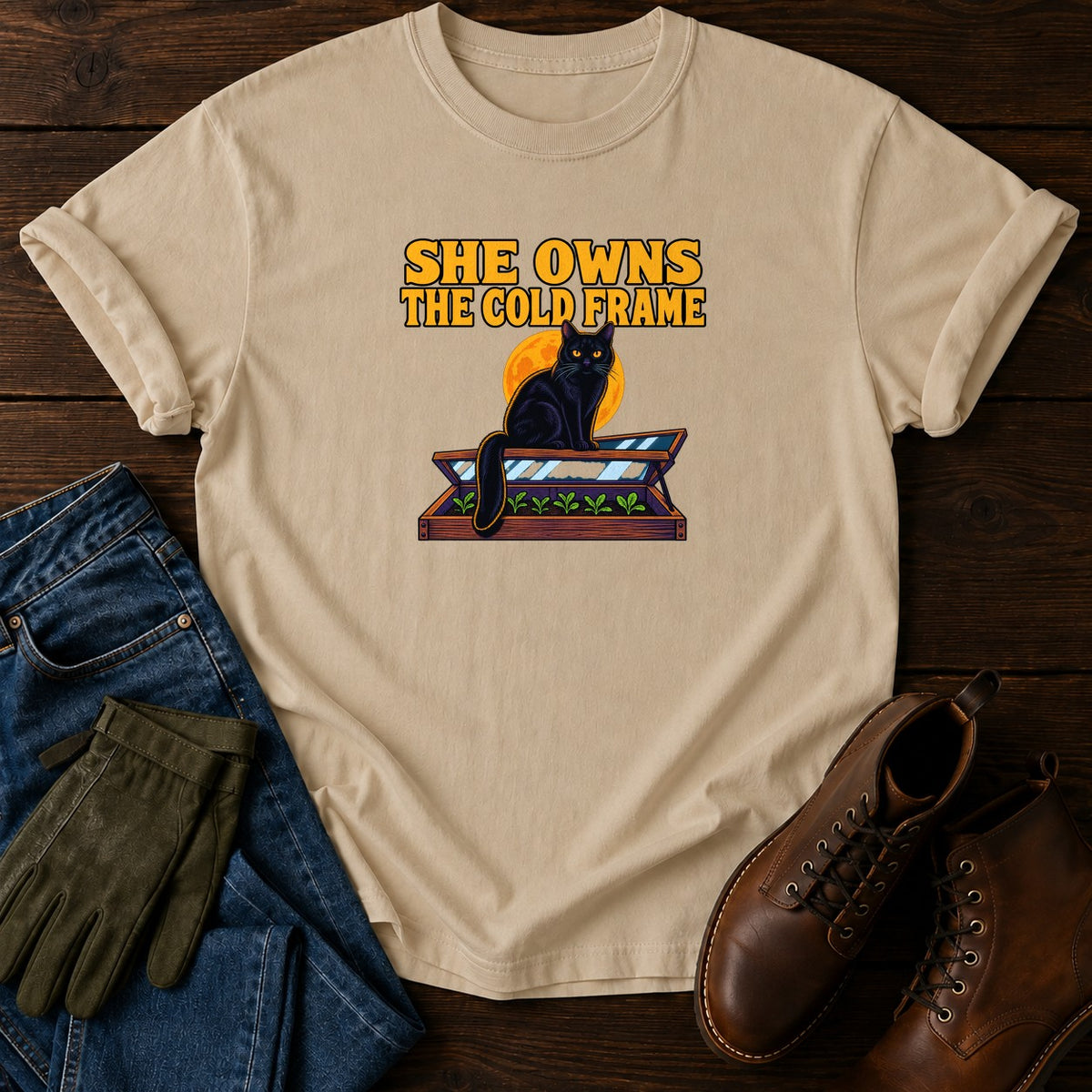 She Owns The Cold Frame Black Cat Halloween T-Shirt — Sandstone