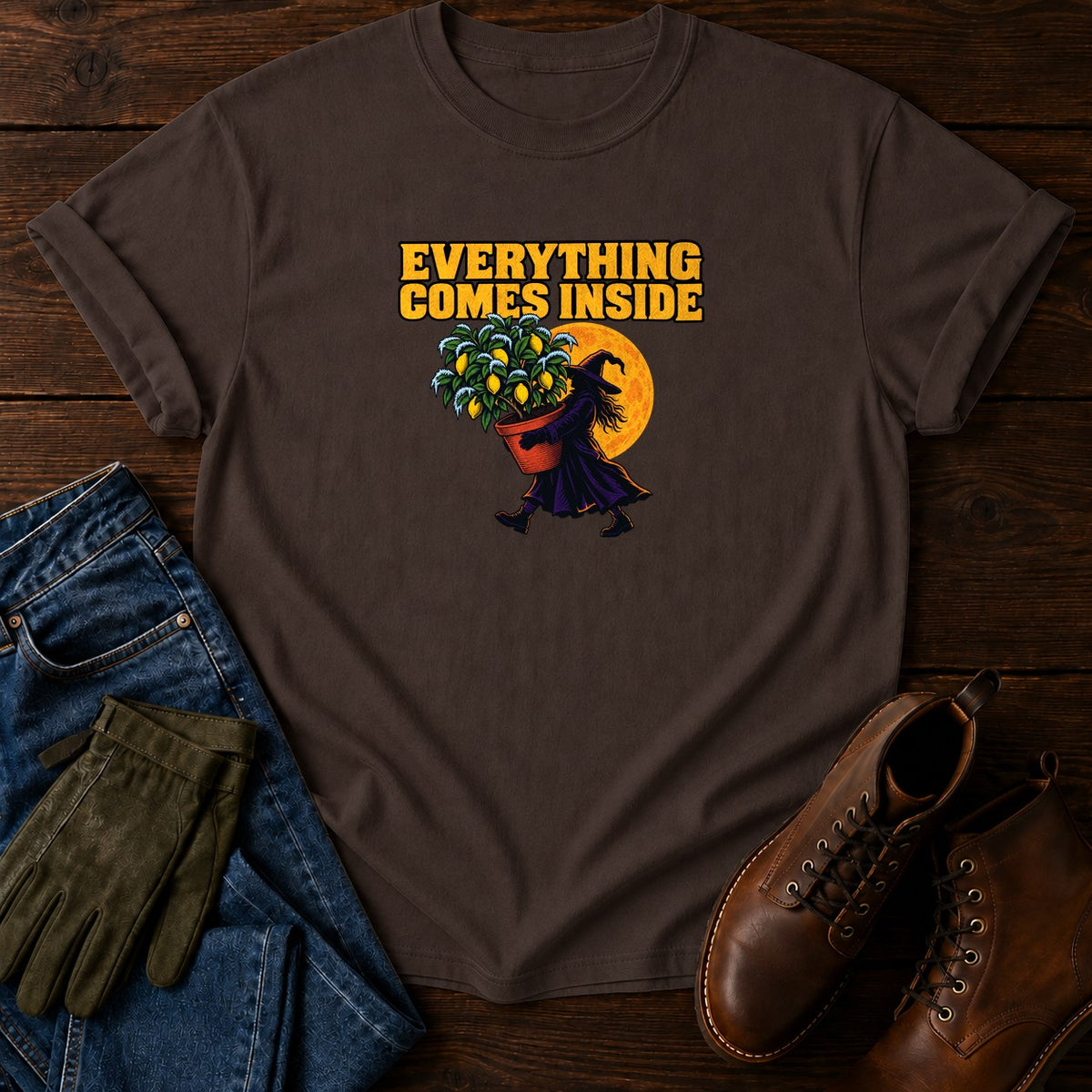 Everything Comes Inside First Frost Halloween T-Shirt — Espresso