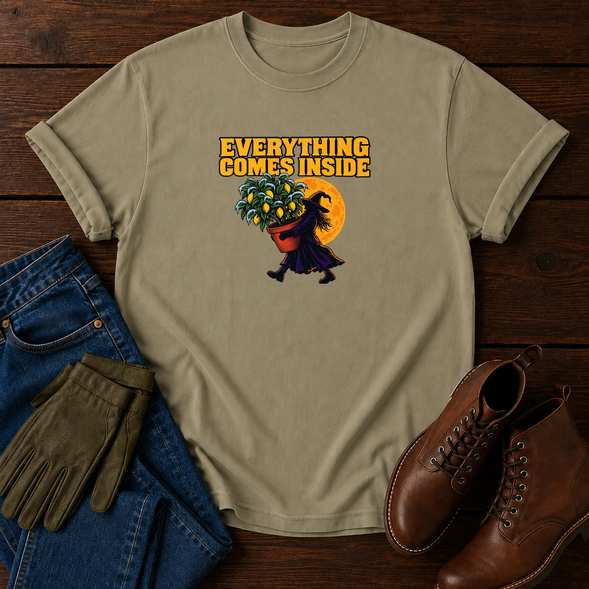 Everything Comes Inside First Frost Halloween T-Shirt — Khaki