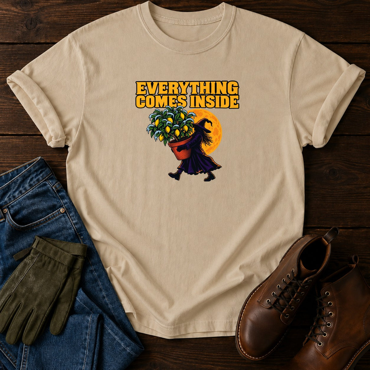 Everything Comes Inside First Frost Halloween T-Shirt — Sandstone