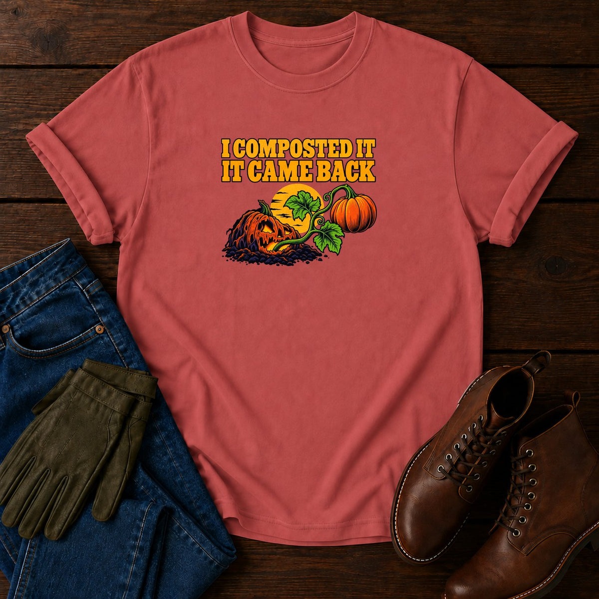 I Composted It, It Came Back Pumpkin Halloween T-Shirt — Crimson