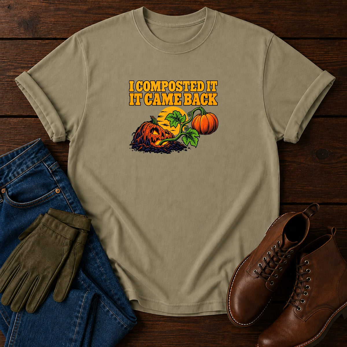 I Composted It, It Came Back Pumpkin Halloween T-Shirt — Khaki