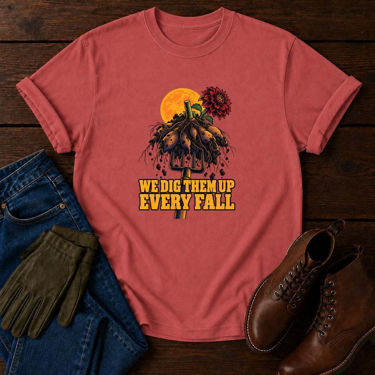 We Dig Them Up Every Fall Dahlia Halloween T-Shirt — Crimson