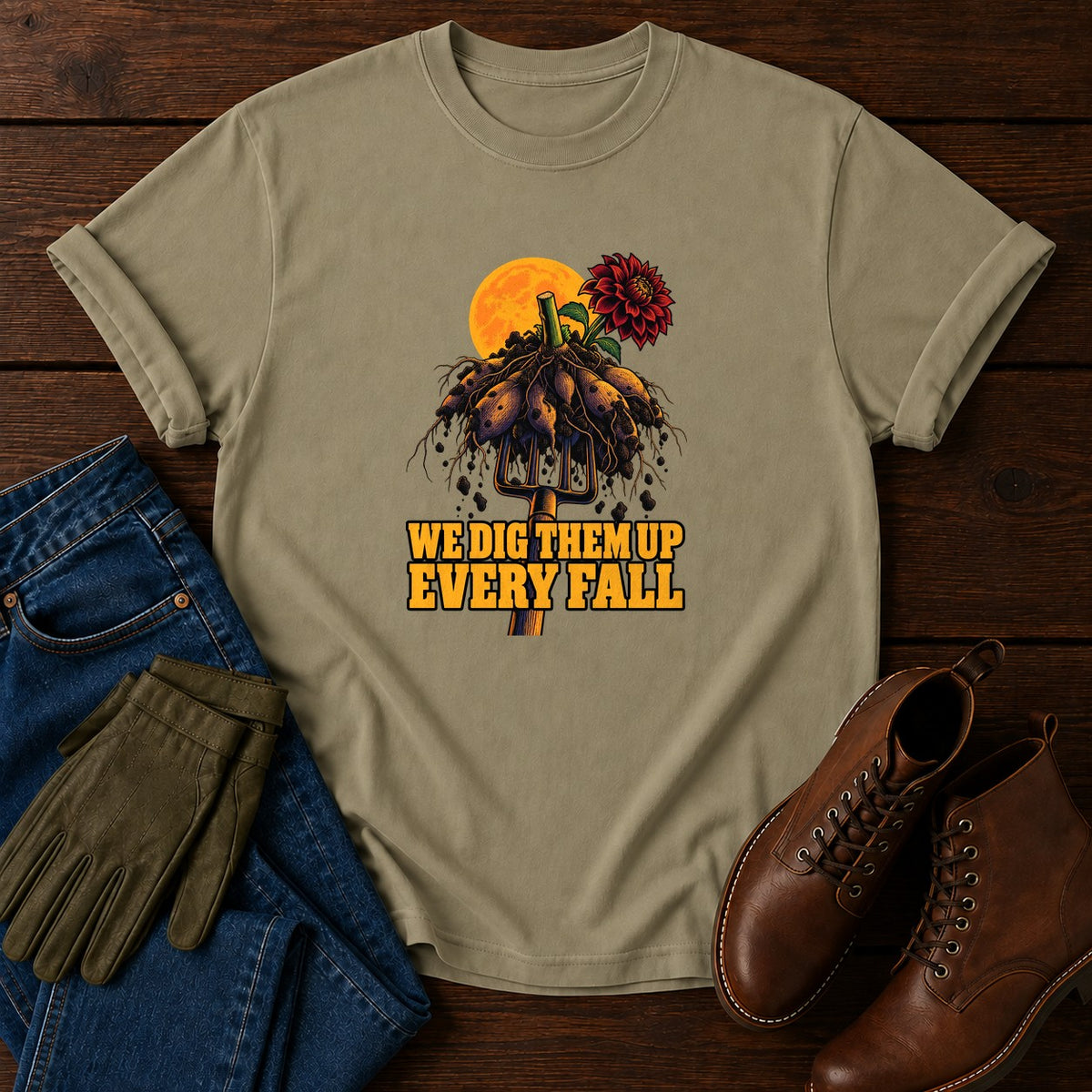 We Dig Them Up Every Fall Dahlia Halloween T-Shirt — Khaki