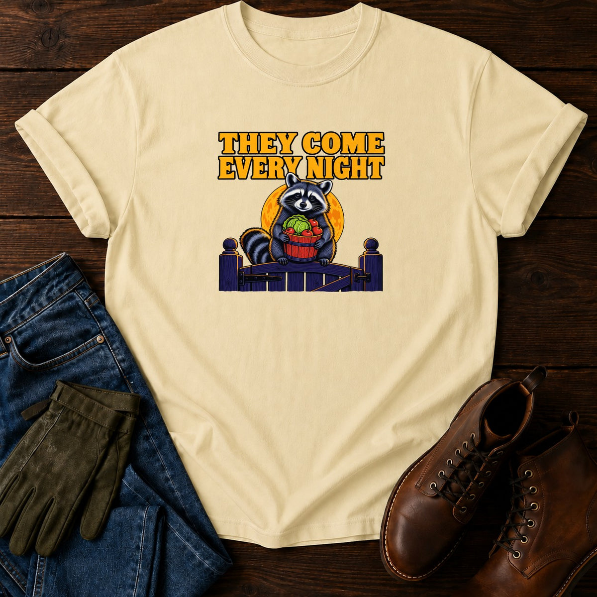 They Come Every Night Raccoon Halloween Garden T-Shirt — Butter