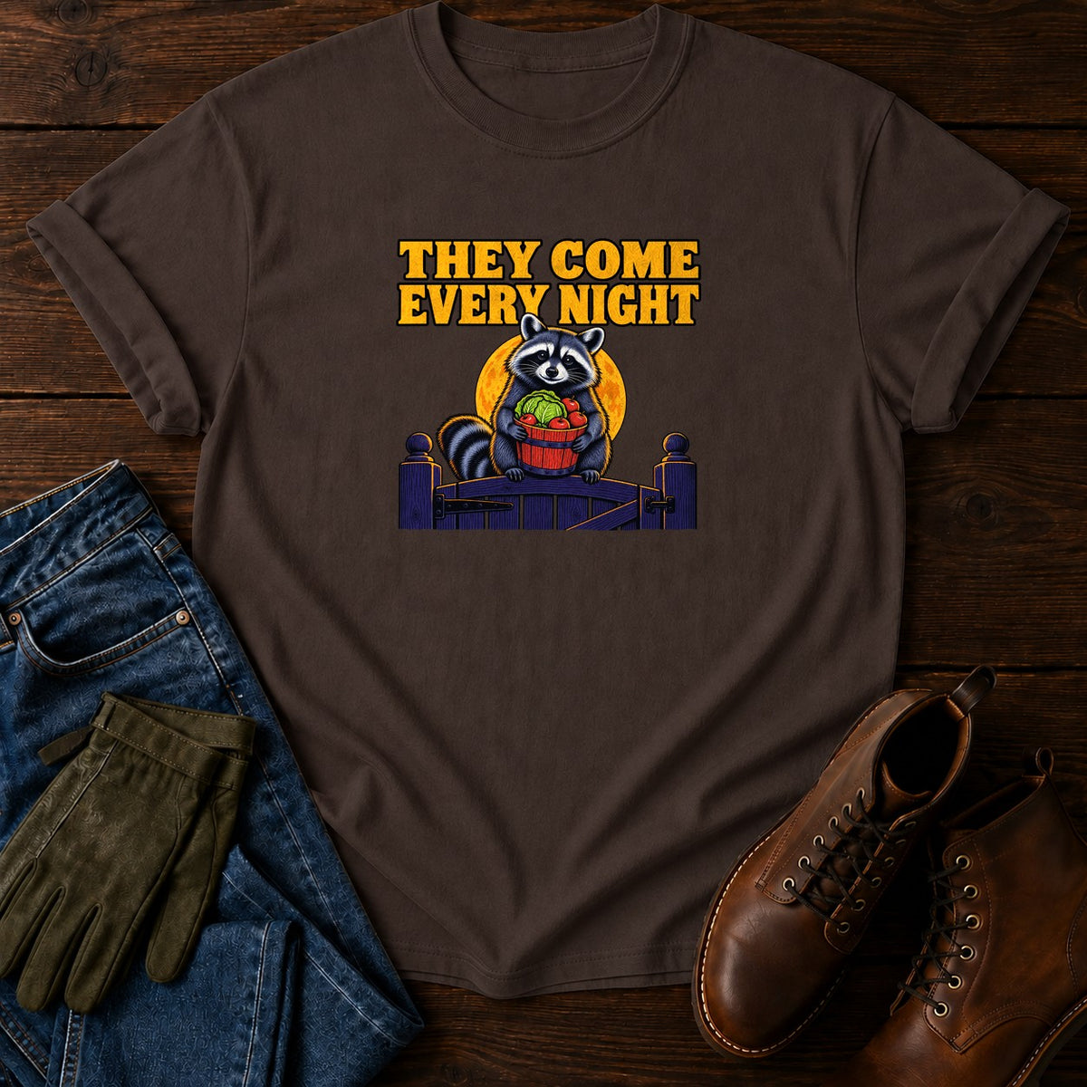 They Come Every Night Raccoon Halloween Garden T-Shirt — Espresso