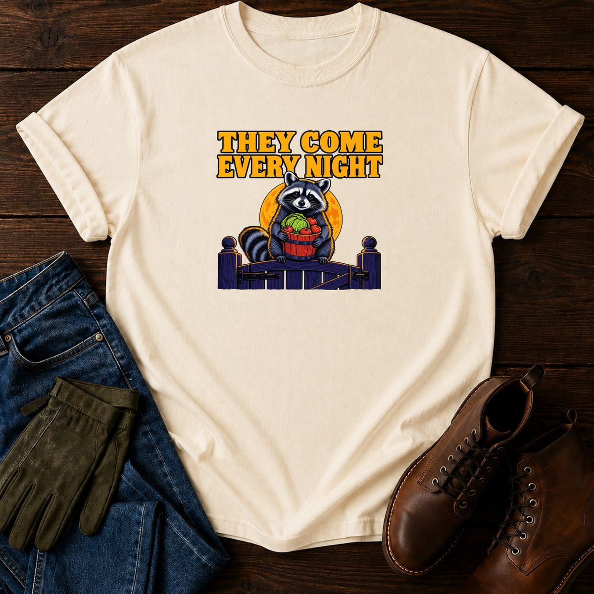 They Come Every Night Raccoon Halloween Garden T-Shirt — Ivory