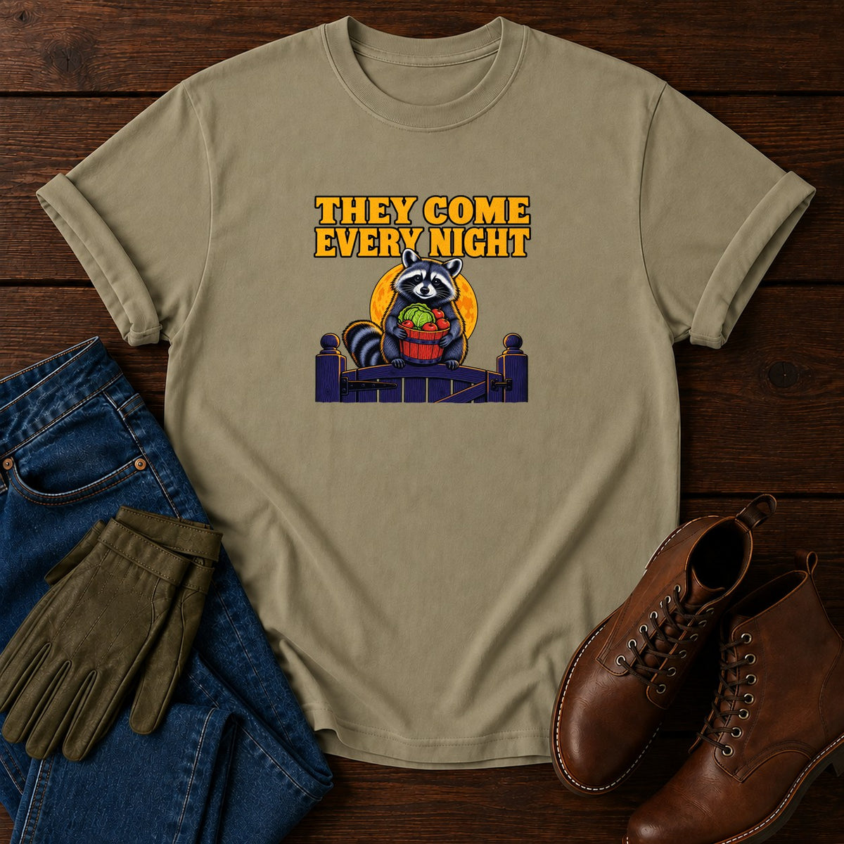 They Come Every Night Raccoon Halloween Garden T-Shirt — Khaki
