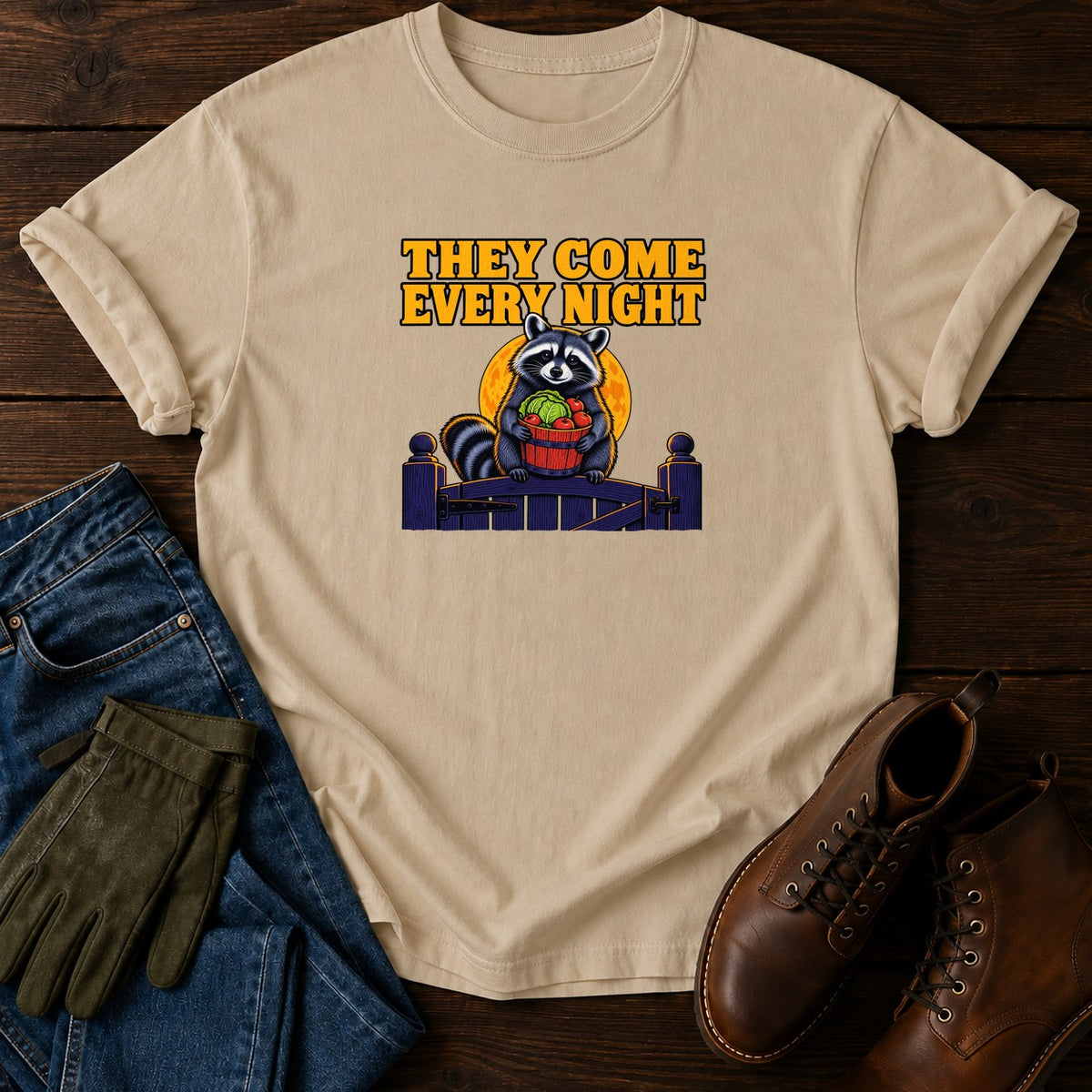 They Come Every Night Raccoon Halloween Garden T-Shirt — Sandstone