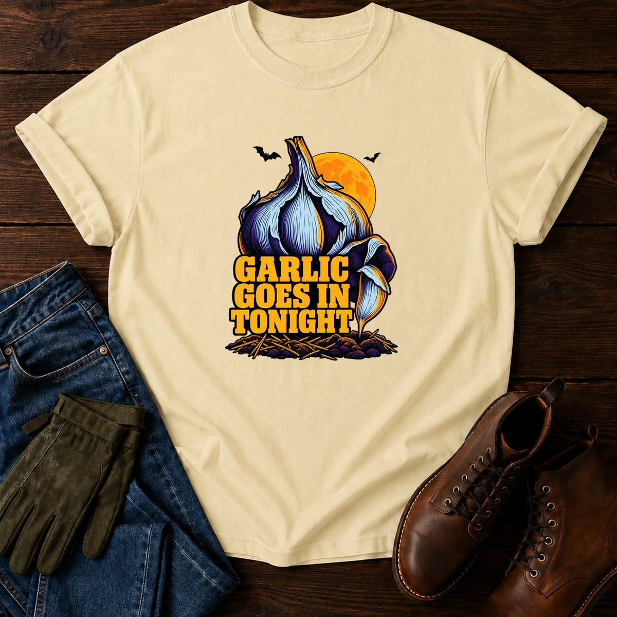 Garlic Goes In Tonight Fall Planting Halloween T-Shirt — Butter