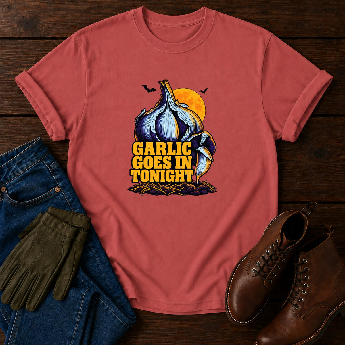 Garlic Goes In Tonight Fall Planting Halloween T-Shirt — Crimson