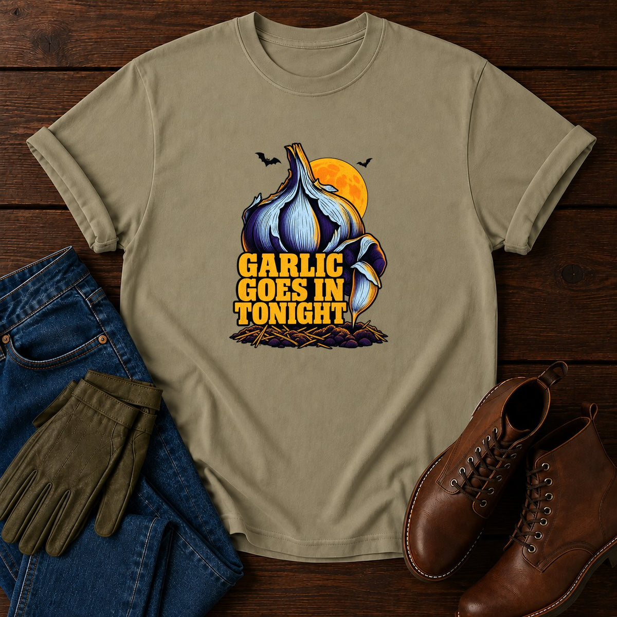 Garlic Goes In Tonight Fall Planting Halloween T-Shirt — Khaki