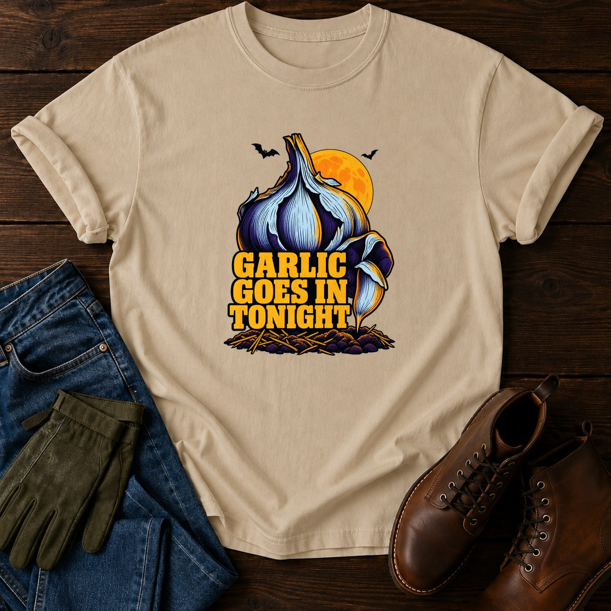 Garlic Goes In Tonight Fall Planting Halloween T-Shirt — Sandstone