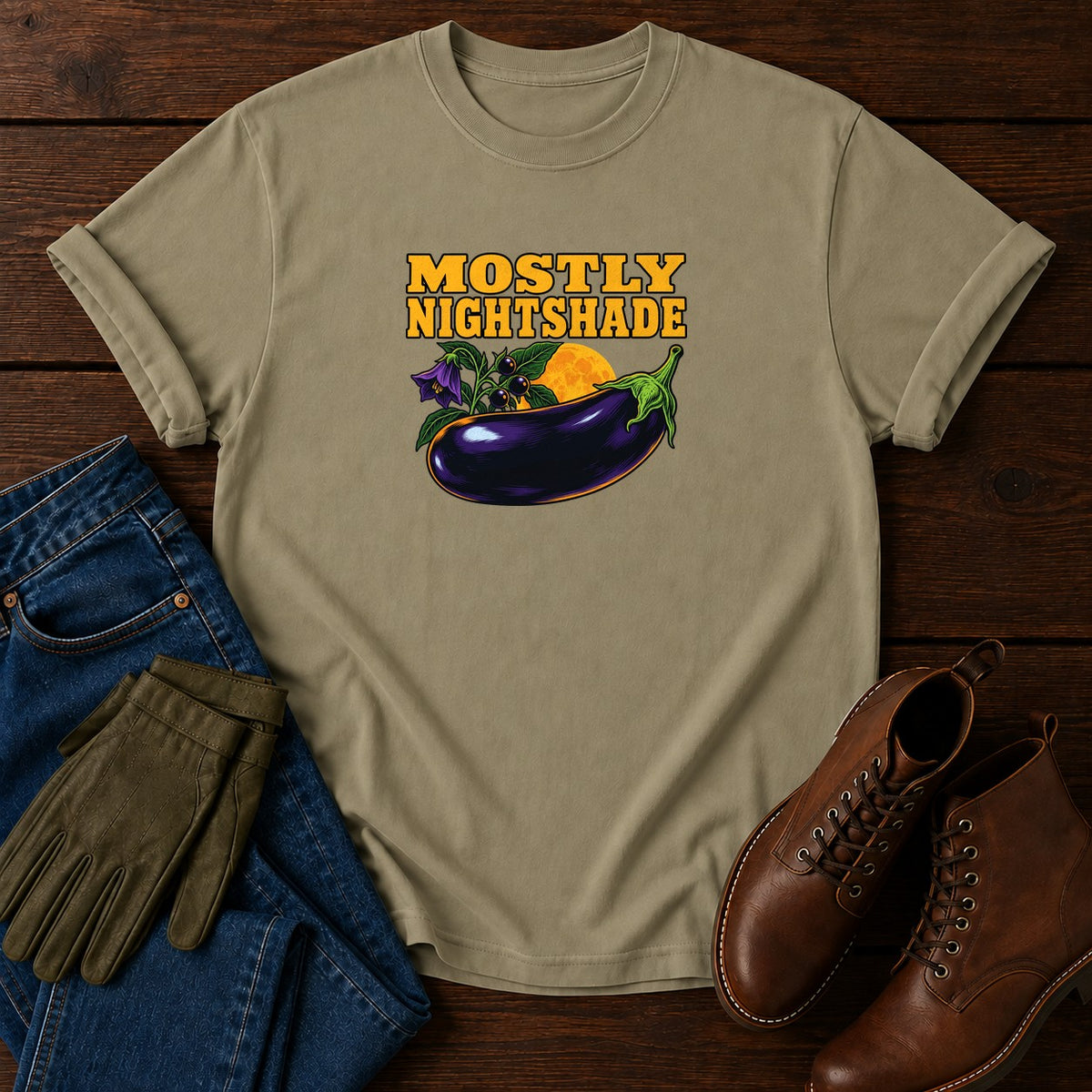 Mostly Nightshade Solanaceae Halloween Garden T-Shirt — Khaki