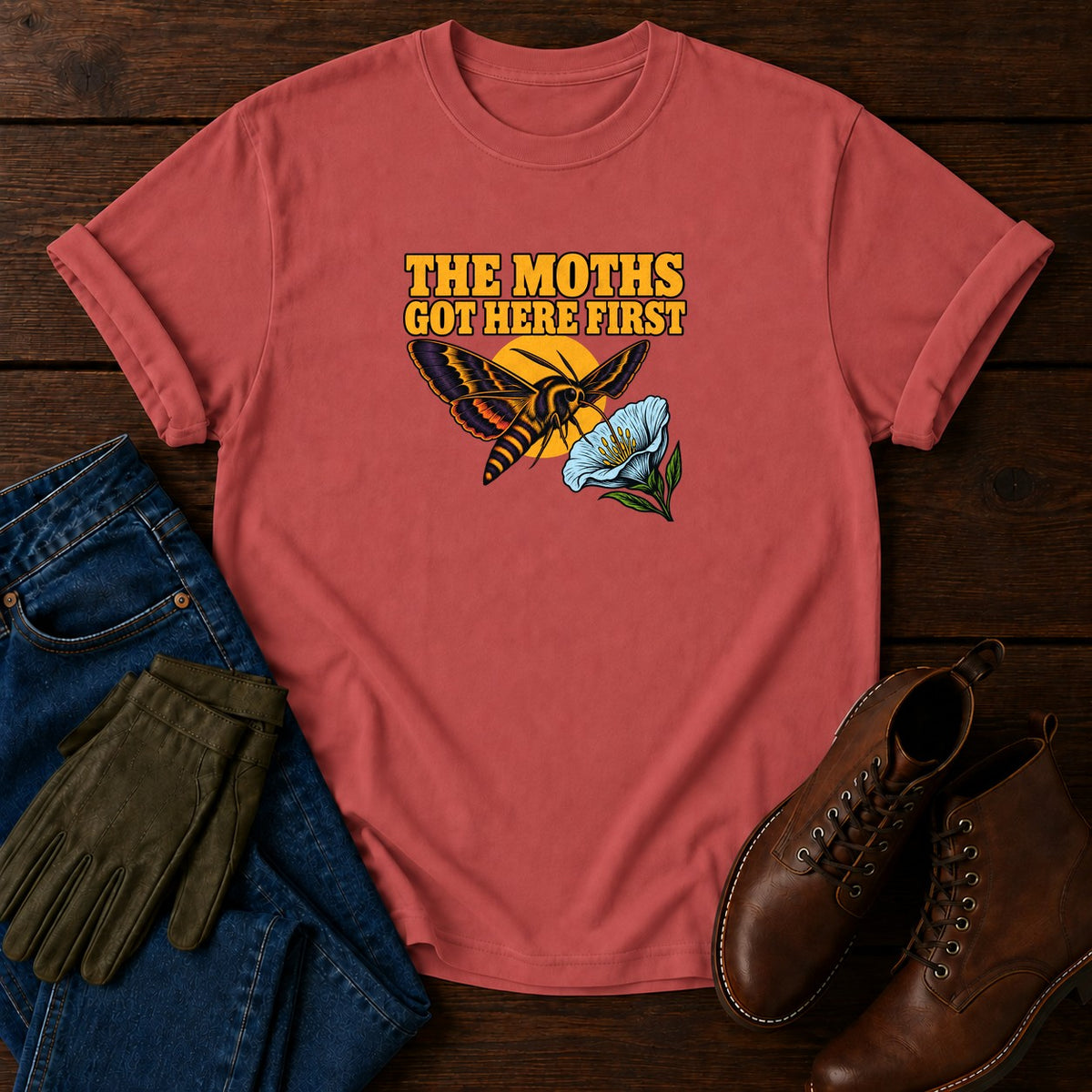 The Moths Got Here First Night Garden Halloween T-Shirt — Crimson